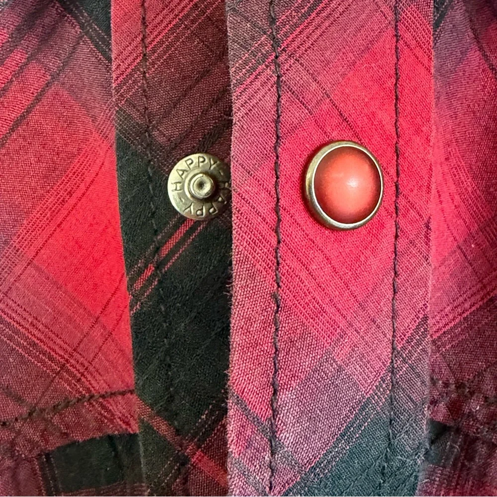 Rock & Roll Cowboy Men XL Red Plaid‎ Long Sleeved Button Down Shirt Embroidered